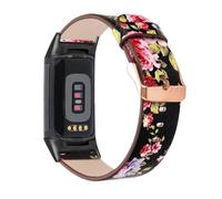 YOOSIDE Leather Strap Compatible with Fitbit Charge 6/5, Floral Print Soft Leather Women Quick Release Wrist Band (Black)