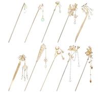 Yoosit 10 Pack Retro Gold Metal Long Hair Sticks Pins with Pearl Jade Dangles Tassels Pendants Chinese Hanfu Asian Flower Butterfly Hair Chopsticks Hair Picks Bun Forks Holders Hairpins for Women Girl
