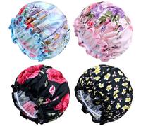 Yoosit 4 PACK Double Layer Waterproof Reusable Satin Shower Caps with Adjustable Bath Hair Caps Stretchy EVA Bathing Hats Bonnets Curly Long Braids Hair for Women Girls (pack of flowers)