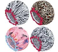 Yoosit 4 PACK Double Layer Waterproof Reusable Satin Shower Caps with Adjustable Bath Hair Caps Stretchy EVA Bathing Hats Bonnets Curly Long Braids Hair for Women Girls (pack of classic)
