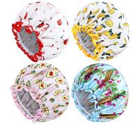 Yoosit 4 PACK Double Layer Waterproof Reusable Satin Shower Caps with Adjustable Bath Hair Caps Stretchy EVA Bathing Hats Bonnets Curly Long Braids Hair for Women Girls (pack of fruits)