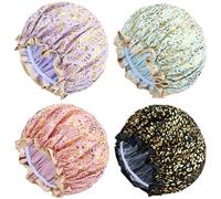 Yoosit 4 PACK Double Layer Waterproof Reusable Satin Shower Caps with Adjustable Bath Hair Caps Stretchy EVA Bathing Hats Bonnets Curly Long Braids Hair for Women Girls (pack of leopard)