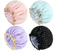 Yoosit 4 PACK Large Waterproof Satin Shower Caps Adjustable Bath Hair Caps Silky Fabric Lined Bathing Hair Cover Wraps Bonnets Hair Protector for Women Girls (Star Colors)
