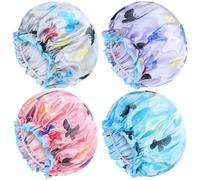 Yoosit 4 PACK Large Waterproof Satin Shower Caps Adjustable Bath Hair Caps Silky Fabric Lined Bathing Hair Cover Wraps Bonnets Hair Protector for Women Girls (Butterfly Colors)