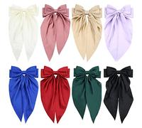 Yoosit 8 Pack Satin Big Large White Pink Red Blue Black Ribbon Hair Bows for Women Oversized Giant Bow with Long Tail Clips Bowknot French Barrette Girl Bun Ponytail Holder Accessories, 8.0 count