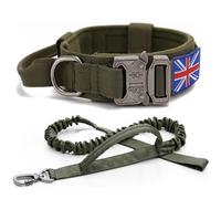 YoothBro K9 Military Dog Collar and Lead Set - Adjustable Nylon Collar with Heavy Duty Metal Buckle for Medium Large Dogs, Green with UK United Kingdom Flag