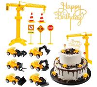 Yooyan Pack of 13 Digger Cake Decorations, Cake Decoration, Construction Site, Construction Vehicles, Traffic Signs, Children, with Traffic Signs, Gold, Birthday, Construction Vehicle, Tower, Crane