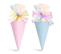 Yooyan Pack of 2 Gift Bags, School Cone, Colourful Ribbons with Stars, School Bag, Sugar Bag, Sibling Bag, Filling, Small Sugar Bag, School Cones for Students (Blue + Pink)