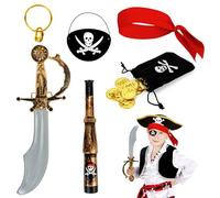 Yooyan Pirate Costume for Children, Pirate Cosplay Dress Up Set, Sabre + Eye Patch with Skull + Coin Bag + Earrings + Pirate Bandana + Pirate Binoculars, for Christmas, Halloween, Carnival Party, Pack