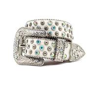 YOPADO Men Women Rhinestone Studded Belt, Bling Western Shining Diamond Leather Belt with Floral Silver Buckle for Cowgirl Cowboy Jeans(110cm/waist:37", White)