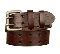 YOPADO Men's Leather Double Prong Jeans Belt,Grommet Holes Twin Roller Buckle Vintage Strap Handmade Stitching for Durable Use(110cm/waist:37", Brown)