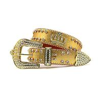 YOPADO Snap On Rhinestone Crown and Western Crystal Circle Studded Leather Belt, Men Western Cowgirl Bling Gold Waistband for Jeans(125cm/waist:43", Gold)