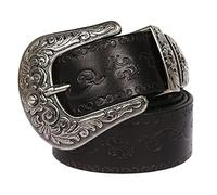 YOPADO Vintage Western Embossed Belt Handmade Rustic Texture Pure Cowhide Leather Belts with Retro Carved Floral Buckle for Women & Men(120cm/waist:40"~42", Black)