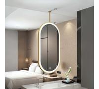Yopappol Ceiling Mounted Bathroom Mirror with LED Lights, Gold Metal Framed Oval Mirrors, Metal Hanging Rod Vanity Makeup Mirrors, Customizable Mirror Boom(50cmx70cm)