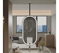 Yopappol LED Ceiling Mount Mirrors with Lights, Bathrooms Suspend Black Metal Framed Oval Mirror for a Window Vanity, Modern Hanging Rod Mirror - Customizable(50cmx70cm)