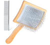 YOPETAYU Slicker Dog Brush with Wooden Handle for Medium & Large Dogs such as Golden Retriever, Labrador, Poodle & Long Fur Cats, Removes Loose Fur & Undercoat, Includes Comb - Wood