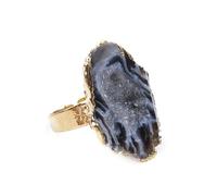 YOPI Natural Raw Ore Stone Crystal Cluster Ring - Egg-Shaped Agate Cave with Irregular Crystal Buds(Goldstyle)