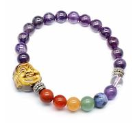 YOPI Seven-Color Chakra Buddha Head Bracelet - 8mm Dongling Jade Powder Crystal Round Beads(Amethyst)
