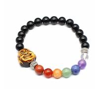 YOPI Seven-Color Chakra Buddha Head Bracelet - 8mm Dongling Jade Powder Crystal Round Beads(Obsidian)