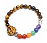 YOPI Seven-Color Chakra Buddha Head Bracelet - 8mm Dongling Jade Powder Crystal Round Beads(Tigereyestone)