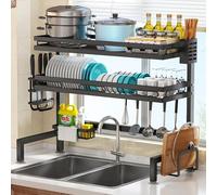 YOPOTIKA Dish Drainer Rack, Over The Sink Dish Drying Rack Kitchen Counter Dish Drainer for Dishes Bowls Utensils, 85x28x82cm, 2-Tier Kitchen Dish Rack with Metal Hook, Black