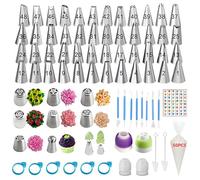 YOQXHY 130 Pcs Piping Tips and Bags Set with 48 Numbered Icing Tips,7 Russian Tips,1 Ball Tip,2 Leaf Tips,Pattern Chart,8 Carved Pens,4 Couplers,6 Ties,50 Disposable Pastry Bags for Cake Decorating