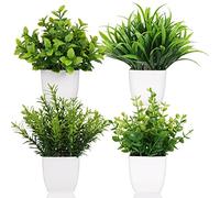 Yoratee 4 Pack Small Fake Plant Flowerpot Artificial Plastic Eucalyptus Grass Shrub Indoor Desk Coffee Table Bathroom Bedroom Home Decoration