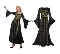 YORDET Medieval Women Velvet Dress Renaissance Costumes Victorian Vintage Robe Helloween Cosplay Party (Black, XXL)