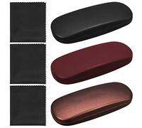 Yorgewd 3 Pack Hard Shell Glasses Case with Microfiber Cleaning Cloth | Retro Leather Metal Eyeglass Case Black Coffee Brick Red