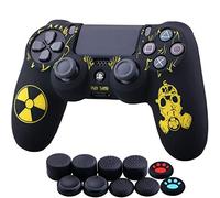 YoRHa Laser Carving Silicone Cover Skin Case for Sony PS4/slim/Pro Dualshock 4 Controller x 1(Radiation) with Thumb Grips x 10