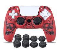 YoRHa Laser Carving Silicone Skin for PS5 Dualsense Controller x 1(Skulls Black RB) with Pro Thumb Grips x 8