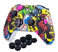 YoRHa Printing Rubber Silicone Cover Skin Case for Xbox One S/X Controller x 1(Comic Skull) With PRO Thumb Grips x 8