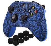 YoRHa Printing Rubber Silicone Cover Skin Case for Xbox One S/X Controller x 1(Flowers&blue) With PRO Thumb Grips x 8
