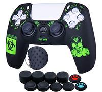 YoRHa Silicone Rubber Back Dots Carving Customizing Skin Cover for PlayStation 5 Controller PS5 Controller x 1(BH Green) with Pro Thumb Grips x 10