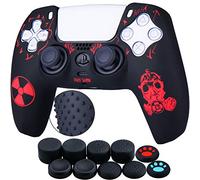 YoRHa Silicone Rubber Back Dots Carving Customizing Skin Cover for PlayStation 5 PS5 Controller x 1(Radiation Red) with Pro Thumb Grips x 10