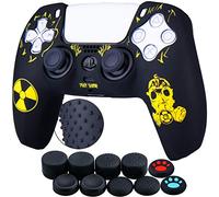 YoRHa Silicone Rubber Back Dots Carving Customizing Skin Cover for PlayStation 5 PS5 Controller x 1(Radiation Yellow) with Pro Thumb Grips x 10