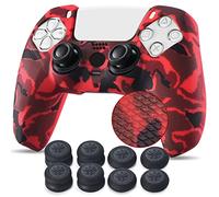 YoRHa Studded Printing Silicone Rubber Customizing Skin Cover for PlayStation 5 PS5 Controller x 1(Red) With Pro thumb grips x 10