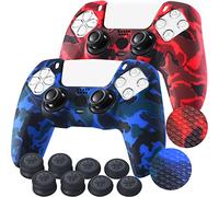 YoRHa Studded Printing Silicone Rubber Customizing Skin Cover for PlayStation 5 PS5 Controller x 2(Red+Blue) with Pro Thumb Grips x 10
