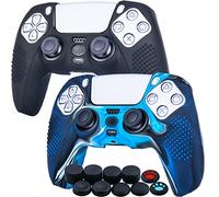 YoRHa Studded Silicone Rubber Gel Customizing Skin Cover for PlayStation 5 Controller PS5 Controller x 2(Camouflage Blue+Black) with Pro Thumb Grips x 10