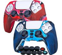 YoRHa Studded Silicone Rubber Gel Customizing Skin Cover for PlayStation 5 PS5 Controller x 2(Camouflage Red+Blue) with Pro Thumb Grips x 10
