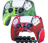 YoRHa Studded Silicone Rubber Gel Customizing Skin Cover for PlayStation 5 PS5 Controller x 2(Camouflage Red+Green) with Pro Thumb Grips x 10