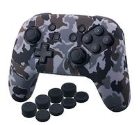YoRHa Studded Transfer Pringt Silicone Cover Skin Case Only for OFFICIAL Switch Pro Controller x 1(Camouflage Grey) With Pro Thumb Grips x 8