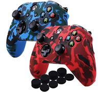 YoRHa Water Transfer Printing Camouflage Silicone Cover Skin Case for Microsoft Xbox One X & Xbox One S controllerx 2(red&blue) With PRO thumb grips x 8