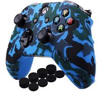 YoRHa Water Transfer Printing Camouflage Silicone Cover Skin Case for Microsoft Xbox One X & Xbox One S controller x 1(blue) With PRO thumb grips x 8