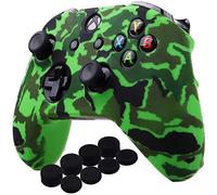 YoRHa Water Transfer Printing Camouflage Silicone Cover Skin Case for Microsoft Xbox One X & Xbox One S controller[After 8.2016 model] x 1(green) With PRO thumb grips x 8