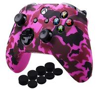 YoRHa Water Transfer Printing Camouflage Silicone Cover Skin Case for Microsoft Xbox One X & Xbox One S controller x 1(dark pink) With PRO thumb grips x 8