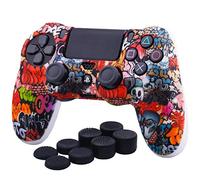 YoRHa Water Transfer Printing Camouflage Silicone Cover Skin Case for PS4/slim/Pro Controller x 1(Skull Graffiti) With Pro thumb grips x 8