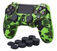 YoRHa Water Transfer Printing Camouflage Silicone Cover Skin Case for Sony PS4/slim/Pro Dualshock 4 Controller x 1(green) With Pro thumb grips x 8