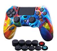 YoRHa Water Transfer Printing Camouflage Silicone Cover Skin Case for Sony PS4/Slim/Pro Dualshock 4 Controller x 1(Colourful Stream) with Thumb Grips x 10