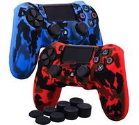 YoRHa Water Transfer Printing Camouflage Silicone Cover Skin Case for Sony PS4/slim/Pro Dualshock 4 Controller x 2(red+blue) With Pro thumb grips x 8